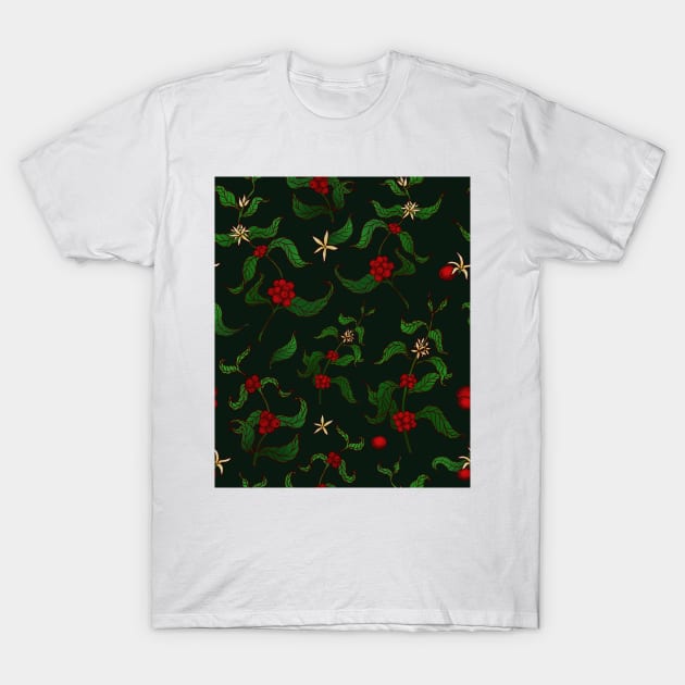 Coffee Plant Beans and Flowers Seamless Pattern T-Shirt by alinabeska